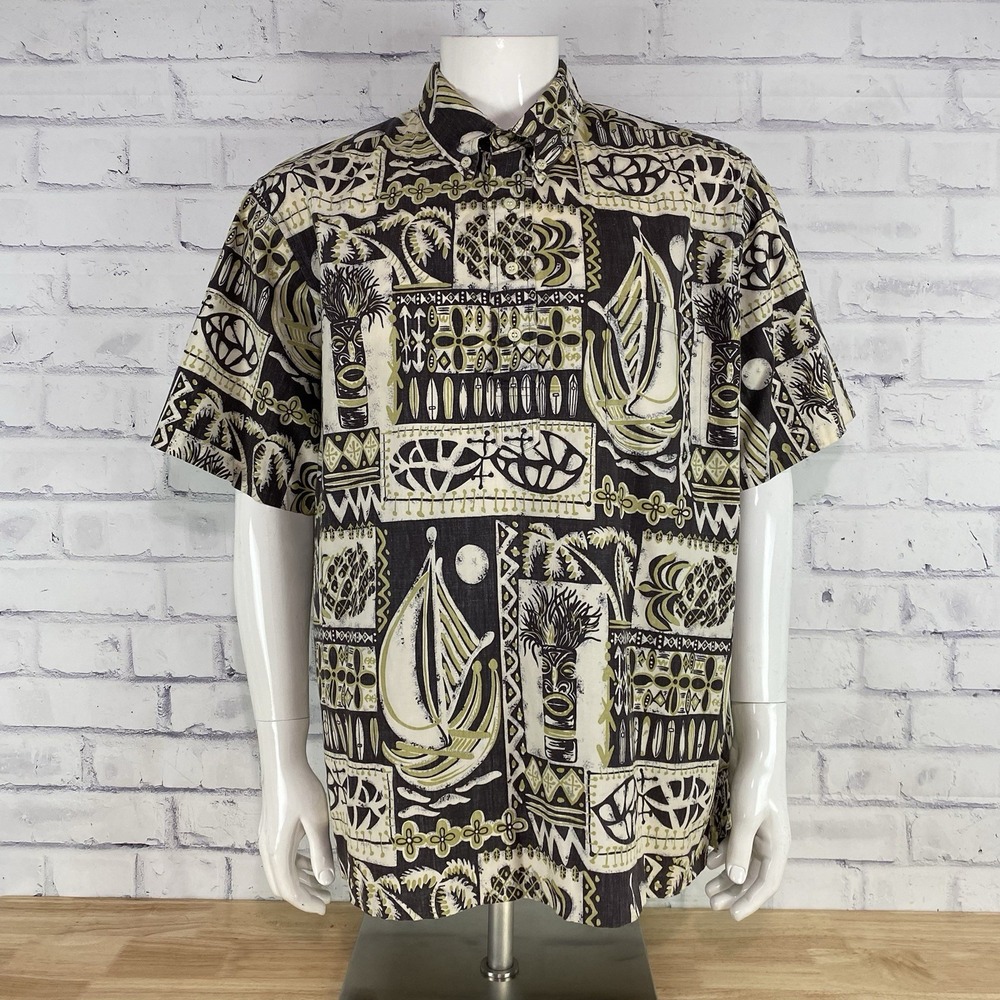 Reyn Spooner Shirt Phil Edwards Men's XL Hawaiian Tribal Tiki Reverse Print